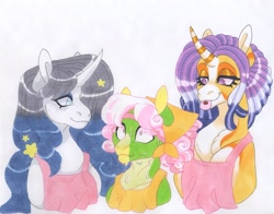 Size: 3773x2955 | Tagged: safe, artist:frozensoulpony, imported from derpibooru, oc, oc only, oc:bedrock pie, oc:citrus sprout, oc:sunrise shine, anthro, earth pony, pony, unicorn, apron, clothes, female, male, mare, stallion, sweat, tongue out, traditional art