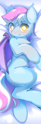 Size: 720x2160 | Tagged: safe, artist:morealy, imported from derpibooru, oc, oc:woodgu, bat pony, pony, bat pony oc, bat wings, blushing, body pillow, body pillow design, female, looking at you, mare, smiling, wings