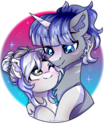 Size: 1500x1796 | Tagged: safe, artist:fluffywhirlpool, imported from derpibooru, oc, oc only, oc:solar eclipse, pegasus, pony, unicorn, blue eyes, blushing, bust, cute, female, horn, hug, looking at each other, looking at someone, male, mare, oc x oc, one eye closed, pegasus oc, shipping, smiling, smiling at each other, stallion, unicorn oc
