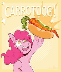 Size: 2120x2495 | Tagged: safe, artist:urbanqhoul, imported from derpibooru, pinkie pie, earth pony, pony, carrot, carrot dog, eyebrows, female, food, herbivore, high res, mare, open mouth, open smile, signature, smiling, solo, starry eyes, wingding eyes