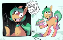 Size: 4096x2614 | Tagged: safe, artist:urbanqhoul, imported from derpibooru, oc, oc only, oc:minty pop, earth pony, pony, bait and switch, solo