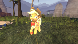 Size: 1280x720 | Tagged: safe, imported from derpibooru, applejack, earth pony, pony, 3d, apple, bandana, female, food, grin, hat, mare, smiling, solo, source filmmaker