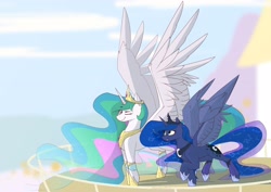 Size: 4096x2895 | Tagged: safe, artist:renderpoint, imported from derpibooru, princess celestia, princess luna, alicorn, pony, canterlot castle, concave belly, day, female, large wings, looking at each other, looking at someone, mare, one eye closed, royal sisters, siblings, sisters, spread wings, wings, wink