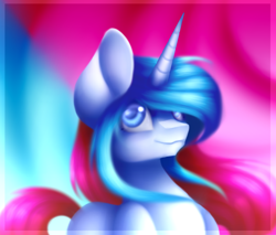 Size: 2000x1700 | Tagged: safe, artist:prettyshinegp, imported from derpibooru, oc, oc only, pony, unicorn, abstract background, bust, horn, male, smiling, solo, stallion, unicorn oc