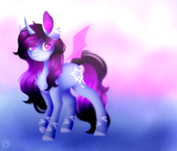 Size: 2000x1700 | Tagged: safe, artist:prettyshinegp, imported from derpibooru, oc, oc only, alicorn, bat pony, bat pony alicorn, pony, bat pony oc, bat wings, chest fluff, female, floating wings, horn, mare, signature, smiling, solo, wings