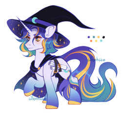 Size: 2199x2076 | Tagged: safe, artist:whohwo, imported from derpibooru, oc, oc only, pony, unicorn, hat, horn, male, raised hoof, simple background, smiling, solo, stallion, unicorn oc, white background, witch hat