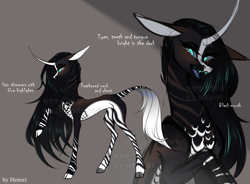 Size: 5300x3900 | Tagged: safe, artist:henori_artist, imported from derpibooru, oc, oc only, hybrid, okapi, abstract background, bust, curved horn, duo, female, horn, mare, raised hoof, smiling