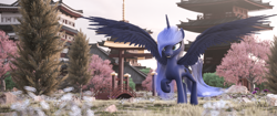 Size: 3440x1440 | Tagged: safe, artist:oldman, artist:thelunagames, imported from derpibooru, princess luna, pony, unicorn, 3d, breath, cherry blossoms, cinema4d, flower, flower blossom, hair, horn, japan, photoshop, render, rock, solo, spread wings, tree, wings