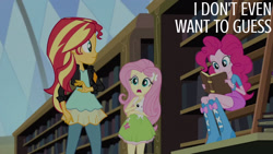 Size: 1280x720 | Tagged: safe, edit, edited screencap, editor:quoterific, imported from derpibooru, screencap, angel bunny, fluttershy, pinkie pie, sunset shimmer, human, rabbit, equestria girls, friendship games, animal, book, boots, canterlot high, clothes, female, jacket, leather, leather jacket, library, male, open mouth, shoes, smiling, text