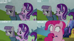 Size: 1280x720 | Tagged: safe, edit, edited screencap, editor:quoterific, imported from derpibooru, screencap, maud pie, pinkie pie, starlight glimmer, earth pony, pony, unicorn, rock solid friendship, season 7, bag, mre, open mouth, pinpoint eyes, saddle bag, smiling, text, trio, twilight's castle