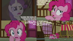 Size: 1280x720 | Tagged: safe, edit, edited screencap, editor:quoterific, imported from derpibooru, screencap, pinkie pie, rarity, earth pony, pony, unicorn, season 5, the one where pinkie pie knows, duo, female, mare, open mouth, text