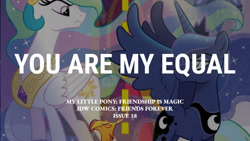 Size: 1280x720 | Tagged: safe, edit, editor:quoterific, idw, imported from derpibooru, philomena, princess celestia, princess luna, alicorn, phoenix, pony, friends forever, spoiler:comic, female, looking at each other, looking at someone, male, mare, spread wings, text, trio, wings