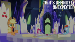 Size: 1280x720 | Tagged: safe, edit, edited screencap, editor:quoterific, imported from derpibooru, screencap, applejack, fluttershy, pinkie pie, rainbow dash, earth pony, pegasus, pony, season 9, sparkle's seven, spoiler:s09, applejack's hat, cowboy hat, cutie map, female, hat, mare, open mouth, pinpoint eyes, text, twilight's castle