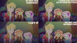 Size: 1280x720 | Tagged: safe, edit, edited screencap, editor:quoterific, imported from derpibooru, screencap, big macintosh, fluttershy, sunset shimmer, human, equestria girls, equestria girls series, the last drop, spoiler:eqg series (season 2), clothes, female, geode of empathy, jacket, magical geodes, male, music festival outfit, night, open mouth, open smile, smiling, text, trio, trio focus