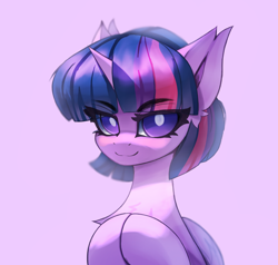 Size: 3008x2863 | Tagged: safe, artist:jfrxd, imported from derpibooru, twilight sparkle, alicorn, pony, bust, ear fluff, eye clipping through hair, female, high res, hooves together, horn, mare, pink background, simple background, smiling, solo, twilight sparkle (alicorn), white pupils