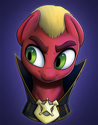 Size: 836x1072 | Tagged: safe, artist:ikarooz, imported from derpibooru, sprout cloverleaf, earth pony, pony, badge, bust, emperor sprout, g5, male, my little pony: a new generation, portrait, solo, stallion