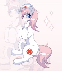 Size: 1390x1610 | Tagged: safe, artist:belkaart0w0, imported from derpibooru, nurse redheart, earth pony, pony, blushing, chest fluff, cute, eyelashes, female, hat, heartabetes, leg fluff, mare, nurse hat, nurse outfit, solo, sparkles, tail, zoom layer