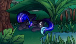 Size: 2500x1471 | Tagged: safe, artist:fluffywhirlpool, imported from derpibooru, oc, oc only, oc:rain fall, pegasus, pony, commission, eyes closed, female, folded wings, freckles, grass, lying down, mare, multicolored mane, multicolored tail, pegasus oc, pond, reeds, sleeping, solo, tail, tree, water, wings, ych result