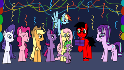 Size: 1920x1080 | Tagged: safe, artist:platinumdrop, imported from derpibooru, applejack, fluttershy, pinkie pie, rainbow dash, rarity, spike, starlight glimmer, twilight sparkle, oc, oc:penn rail, alicorn, dragon, earth pony, pegasus, pony, unicorn, balloon, birthday, female, mane seven, mane six, mare, present, request, twilight sparkle (alicorn)