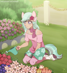 Size: 1181x1300 | Tagged: safe, artist:inuhoshi-to-darkpen, imported from derpibooru, anthro, satyr, unguligrade anthro, clothes, dahlia, eye clipping through hair, eyebrows, eyebrows visible through hair, flower, flower in hair, g5, leg fluff, scarf, watering, watering can