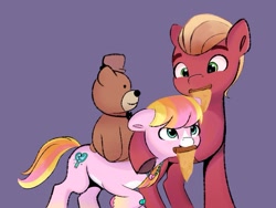 Size: 1129x847 | Tagged: safe, artist:pipp_petal, imported from derpibooru, sprout cloverleaf, oc, oc:malarkey, earth pony, pony, bandaid, canon x oc, couple, cute, embrace, food, g5, jewelry, looking at each other, looking at someone, mouth hold, necklace, pizza, plushie, simple background, teddy bear