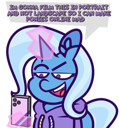 Size: 5000x5328 | Tagged: safe, artist:threetwotwo32232, imported from derpibooru, trixie, pony, unicorn, cellphone, clothes, dialogue, female, glowing, glowing horn, hoodie, horn, magic, magic aura, mare, phone, pure unfiltered evil, simple background, smartphone, solo, speech bubble, telekinesis, transparent background