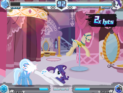 Size: 640x480 | Tagged: safe, imported from derpibooru, rarity, trixie, pony, unicorn, fighting is magic, carousel boutique, female, fighting is magic aurora, game screencap, great moments in animation, kicking, mare, smear frame