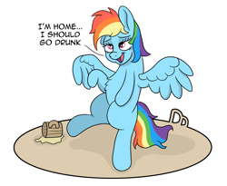 Size: 2285x1870 | Tagged: safe, artist:doodledonutart, imported from derpibooru, rainbow dash, pegasus, pony, atg 2022, cider, comic, drunk, drunker dash, female, go home you're drunk, mare, newbie artist training grounds, simple background, solo, spoonerism, white background, wings