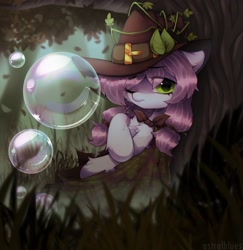 Size: 3000x3086 | Tagged: safe, artist:astralblues, imported from derpibooru, oc, oc only, pony, bubble, cloak, clothes, eye clipping through hair, eyebrows, eyebrows visible through hair, forest, hat, looking at you, one eye closed, solo
