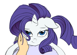 Size: 2645x1900 | Tagged: safe, artist:godoffury, color edit, edit, imported from derpibooru, rarity, oc, oc:anon, human, pony, unicorn, bedroom eyes, cheek rub, colored, duo, female, female focus, floppy ears, hand, high res, hug, human on pony petting, human on pony snuggling, looking at you, mare, offscreen character, offscreen human, on top, petting, pov, simple background, smiling, snuggling, solo focus, white background, wholesome