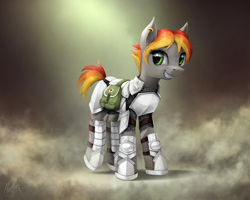 Size: 3300x2639 | Tagged: safe, artist:magfen, imported from derpibooru, oc, oc only, earth pony, pony, fanfic:rekindled embers, armor, bag, ear piercing, earring, female, freckles, jewelry, medic, medical saddlebag, piercing, saddle bag, scar, short tail, solo, solo female, tail