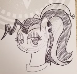 Size: 1533x1463 | Tagged: safe, artist:legendoflink, imported from derpibooru, pinkie pie, earth pony, pony, alternate hairstyle, ear piercing, earring, female, heart, heart eyes, jewelry, lidded eyes, looking at you, mare, monochrome, piercing, smiling, solo, traditional art, wingding eyes