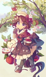 Size: 2475x4096 | Tagged: safe, artist:saxopi, imported from derpibooru, oc, oc only, semi-anthro, unicorn, apple, basket, clothes, dress, female, flower, food, horn, leaf, looking at you, solo, tree