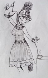 Size: 2392x3878 | Tagged: safe, artist:dreamy990, imported from derpibooru, meadowbrook, anthro, clothes, cup, dress, eyes closed, high res, monochrome, pouring, skirt, sleeveless, sleeveless sweater, solo, sweater, teacup, teapot, tongue out, traditional art