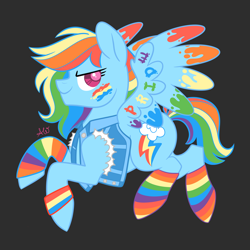 Size: 1800x1800 | Tagged: safe, artist:alithinksshecandraw, imported from derpibooru, rainbow dash, pegasus, pony, clothes, face paint, female, gray background, jacket, looking at you, paint, pride, pride flag, rainbow socks, side view, signature, simple background, smiling, smiling at you, socks, solo, striped socks, wristband