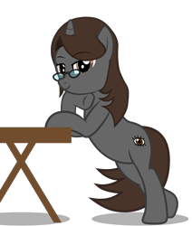 Size: 5177x6102 | Tagged: safe, alternate version, artist:mrvector, imported from derpibooru, oc, oc:sonata, pony, unicorn, absurd resolution, bipedal, bipedal leaning, desk, elements of justice, female, leaning, looking at you, mare, simple background, solo, transparent background, turnabout storm, vector