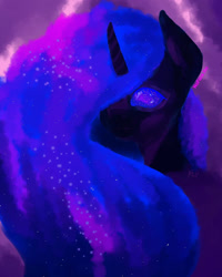 Size: 1000x1250 | Tagged: safe, artist:nofaceinc, imported from derpibooru, princess luna, alicorn, pony, blue mane, bust, cloud, colored pupils, digital art, ethereal mane, eyes closed, female, flowing mane, horn, mare, signature, sky, solo, space, starry mane