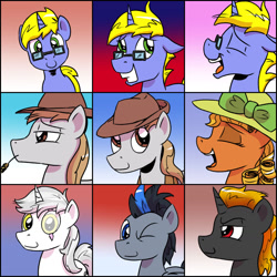 Size: 1280x1280 | Tagged: safe, artist:pony-berserker, imported from derpibooru, oc, oc:final drive, oc:longhaul, oc:shadowed ember, oc:silver sickle, oc:slipstream, oc:southern comfort, bow, front view, glasses, hat, looking at you, one eye closed, patreon, patreon reward, profile, profile picture, scar, wink, winking at you