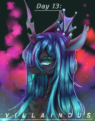 Size: 1500x1900 | Tagged: safe, artist:rainbowmoon2512, imported from derpibooru, queen chrysalis, changeling, chest fluff, colored pupils, crown, cute, digital art, eyelashes, female, green eyes, green mane, horn, jewelry, lidded eyes, looking at you, mare, regalia, signature, smiling, smiling at you, solo, stars