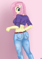 Size: 2702x3827 | Tagged: safe, artist:lennondash, imported from derpibooru, fluttershy, human, equestria girls, spoiler:comic64, ass, belt, blushing, breasts, busty fluttershy, butt, clothes, denim, eyeshadow, flutterbutt, front knot midriff, jeans, looking at you, looking back, makeup, midriff, pants, rear view, short shirt, solo