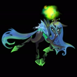Size: 2048x2048 | Tagged: safe, artist:canopygalactica, imported from derpibooru, queen chrysalis, changeling, changeling queen, black background, clothes, colored pupils, crown, digital art, fangs, female, flowing mane, flowing tail, glowing, glowing horn, green eyes, green mane, horn, jewelry, magic, regalia, see-through, simple background, solo, tail, wings
