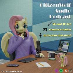 Size: 2000x2000 | Tagged: safe, artist:citizenwolf, imported from derpibooru, fluttershy, anthro, pegasus, 3d, advertisement, blender, blender cycles, carpet, cellphone, clothes, computer, drawing tablet, headphones, laptop computer, microphone, mug, notepad, pencil, phone, source filmmaker, sweater, table, text, title card, toy