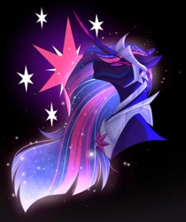 Size: 992x1181 | Tagged: safe, artist:moonlight23345, imported from derpibooru, twilight sparkle, alicorn, pony, the last problem, black background, bust, colored pupils, corrupted, corrupted twilight sparkle, crown, curved horn, cutie mark, cutie mark background, digital art, ethereal mane, evil twilight, female, flowing mane, glowing, horn, jewelry, looking up, mare, nightmare twilight, nightmarified, older, older twilight, peytral, princess twilight 2.0, purple eyes, regalia, simple background, solo, starry mane, stars, twilight sparkle (alicorn)