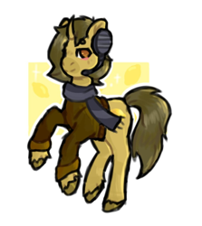 Size: 904x1013 | Tagged: safe, artist:lilara, imported from derpibooru, oc, oc only, oc:sagiri himoto, pony, unicorn, blushing, brown coat, brown eyes, brown mane, brown tail, clothes, ears, ears up, food, headphones, horn, lemon, looking at you, scarf, simple background, smiling, smiling at you, solo, sweater, tail, unicorn oc, white background
