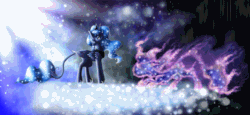 Size: 1025x470 | Tagged: safe, artist:amous-anona, artist:equum_amici, artist:galopade, imported from derpibooru, princess luna, tantabus, alicorn, pony, 2015, absurd file size, absurd gif size, animated, cinemagraph, duo, female, gif, leonine tail, looking at each other, looking at someone, mare, old art, tail