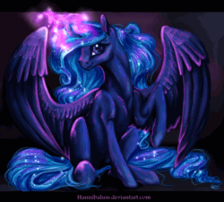 Size: 910x819 | Tagged: safe, artist:equum_amici, artist:lanteria, imported from derpibooru, princess luna, alicorn, pony, 2015, absurd file size, absurd gif size, animated, cinemagraph, female, gif, magic, mare, old art, raised hoof, sitting, solo, spread wings, wings