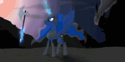 Size: 1000x500 | Tagged: safe, artist:equum_amici, artist:whoovespon3, imported from derpibooru, princess luna, alicorn, pony, 2016, animated, armor, cinemagraph, female, glowing, glowing horn, halberd, horn, mare, new lunar republic, old art, solo, spread wings, weapon, wings