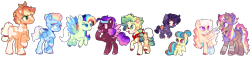 Size: 6259x1636 | Tagged: safe, artist:moccabliss, imported from derpibooru, applejack, rainbow dash, oc, oc:citrus splash, oc:heaven skies, oc:jayden skylark, oc:malus redwood, oc:sandcastle, oc:sugar rush, oc:wipsting, pegasus, pony, alternate design, base used, bow, female, filly, foal, hair bow, magical lesbian spawn, male, mare, offspring, parent:applejack, parent:rainbow dash, parents:appledash, simple background, stallion, tail, tail bow, transparent background