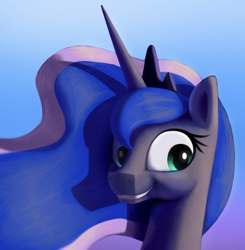 Size: 990x1012 | Tagged: safe, artist:suhar, imported from derpibooru, princess luna, alicorn, pony, bust, female, horn, mare, smiling, solo