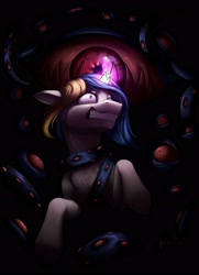 Size: 2542x3511 | Tagged: safe, artist:klarapl, imported from derpibooru, oc, oc only, oc:evertrue, pony, unicorn, broken horn, female, high res, horn, magic, mare, monster, multiple eyes, nightmare fuel, scared, teeth, unicorn oc